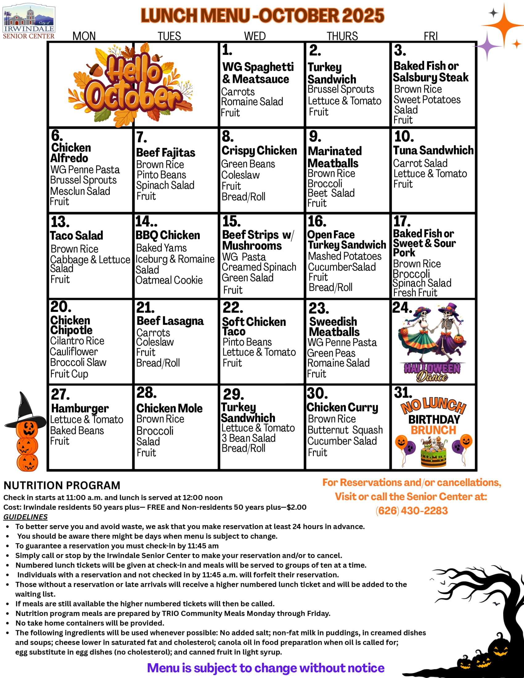 October Senior Center Menu 2025