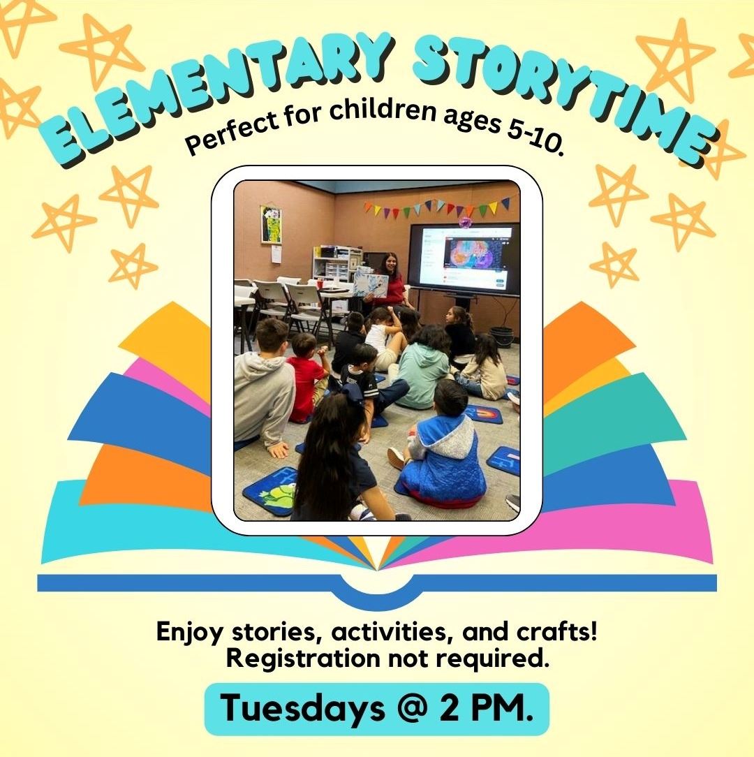 Elementary Storytime for children ages 5-10 every Tuesday at 2pm at Irwindale Public Library.
